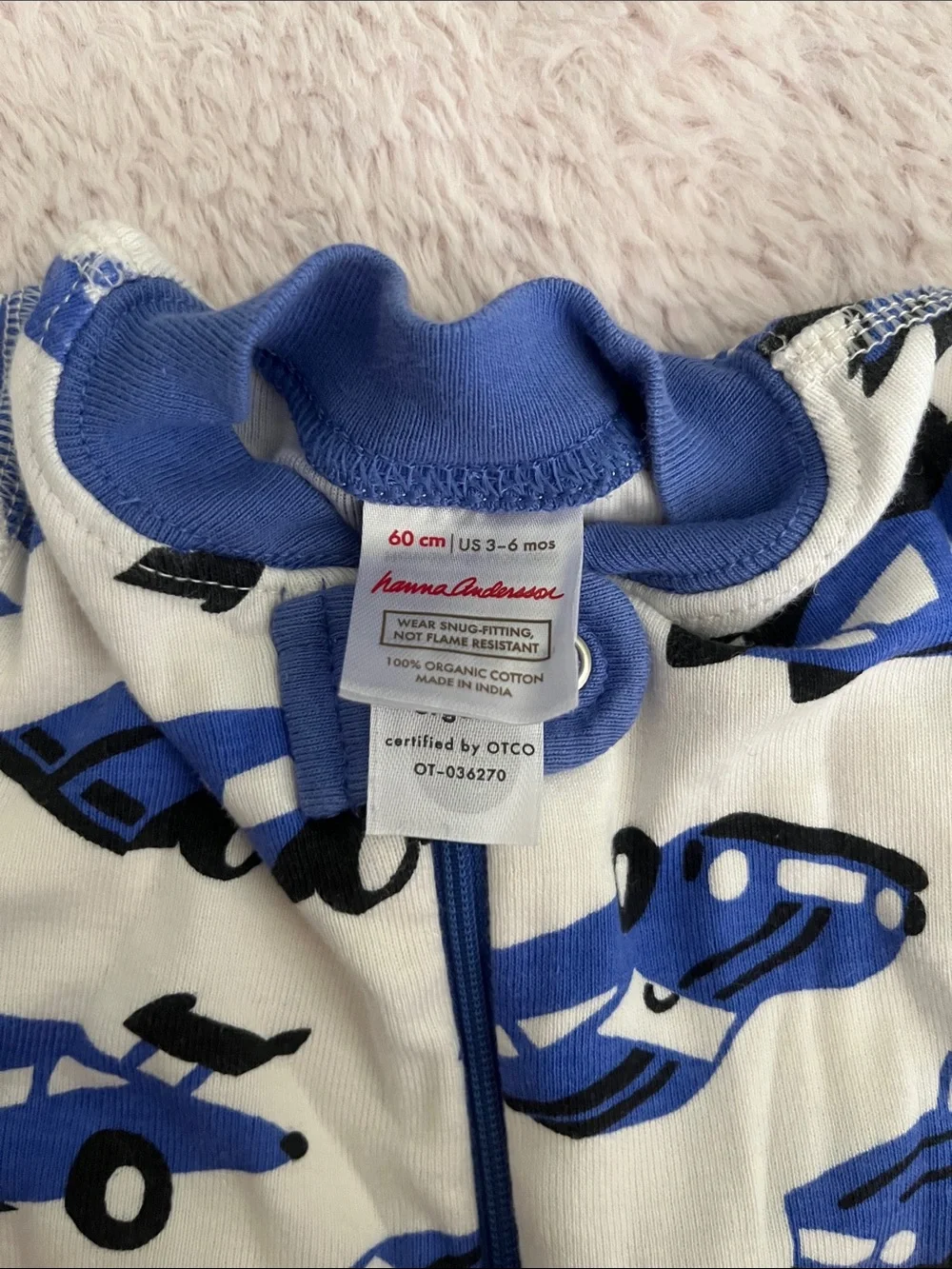 Hanna Andersson Blue and Black Car Print Kids One-Piece Footie